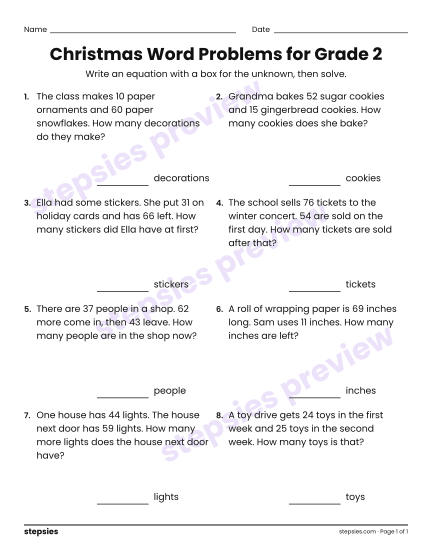 Christmas Word Problems for Grade 2, a free printable worksheet from Stepsies (Grade 2 Math)