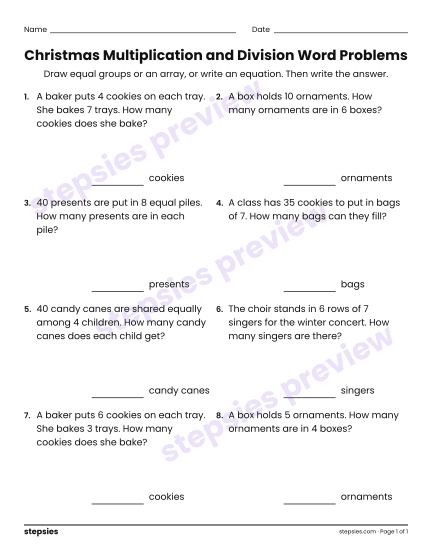 Christmas Multiplication and Division Word Problems, a free printable worksheet from Stepsies (Grade 3 Math)