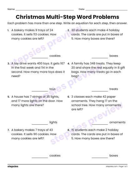 Christmas Multi-Step Word Problems, a free printable worksheet from Stepsies (Grade 4 Math)