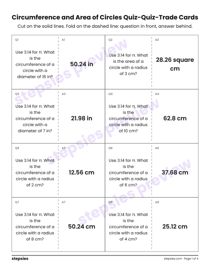 Circumference and Area of Circles: Quiz-Quiz-Trade Cards, a free printable worksheet from Stepsies (Grade 7 Math)