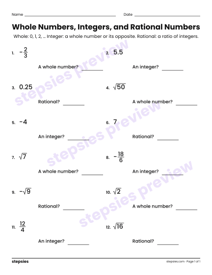 Whole Numbers, Integers, and Rational Numbers, a free printable worksheet from Stepsies (Grades 6–8 Math)