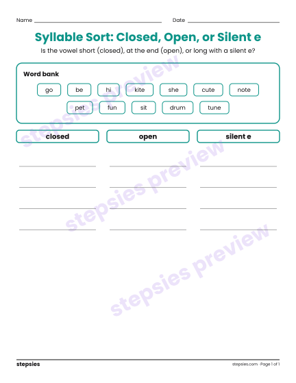 Syllable Sort: Closed, Open, or Silent e, a free printable worksheet from Stepsies (Grades 2–3 Language · Level 1)