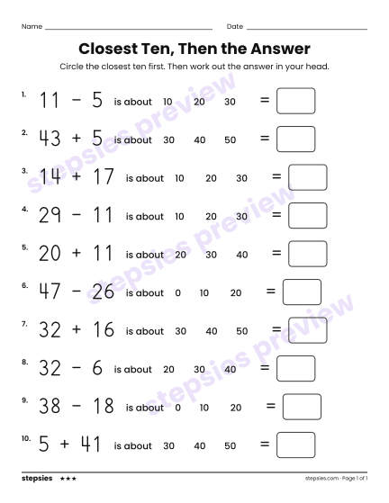 Closest Ten, Then the Answer, a free printable worksheet from Stepsies (Grade 2 Math · Level 3)