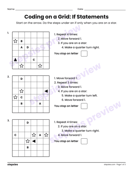 Coding on a Grid: If Statements, a free printable worksheet from Stepsies (Grades 5–6 Math · Level 4)