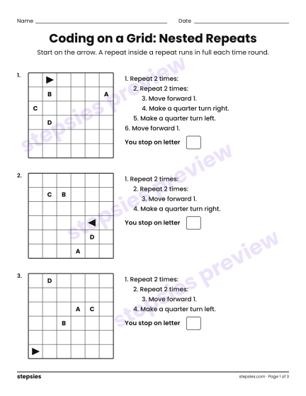 Coding on a Grid: Nested Repeats, a free printable worksheet from Stepsies (Grade 4 Math · Level 3)