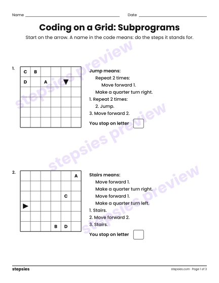 Coding on a Grid: Subprograms, a free printable worksheet from Stepsies (Grade 7 Math · Level 5)