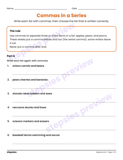 Commas in a Series, a free printable worksheet from Stepsies (Grades 4–5 Language)