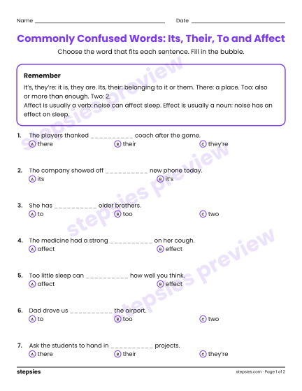 Commonly Confused Words: Its, Their, To and Affect, a free printable worksheet from Stepsies (Grades 6–7 Language · Level 1)