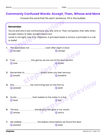 Commonly Confused Words: Accept, Than, Whose and More, a free printable worksheet from Stepsies (Grades 7–8 Language · Level 2)