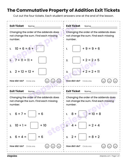 The Commutative Property of Addition Exit Tickets, a free printable worksheet from Stepsies (Grade 1 Math · Level 1)