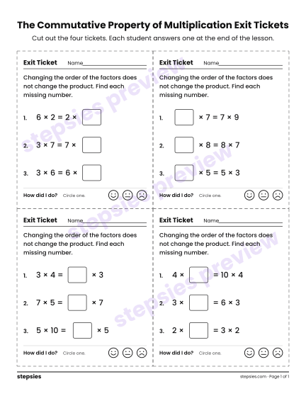 The Commutative Property of Multiplication Exit Tickets, a free printable worksheet from Stepsies (Grade 3 Math · Level 1)
