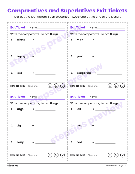 Comparatives and Superlatives Exit Tickets, a free printable worksheet from Stepsies (Grades 4–5 Language)