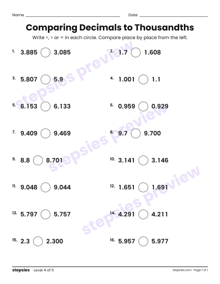 Comparing Decimals to Thousandths, a free printable worksheet from Stepsies (Grade 5 Math · Level 4)