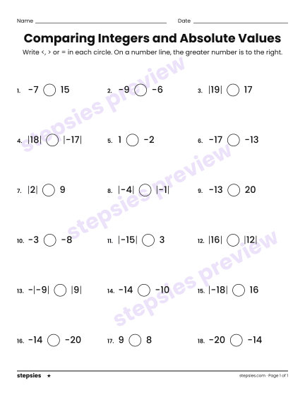 Comparing Integers and Absolute Values, a free printable worksheet from Stepsies (Grade 6 Math · Level 1)