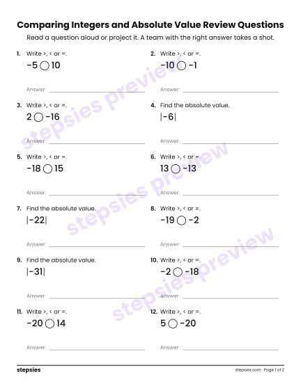 Comparing Integers and Absolute Value: Trashketball Review Questions, a free printable worksheet from Stepsies (Grade 6 Math)