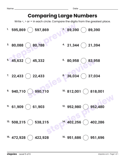 Comparing Large Numbers, a free printable worksheet from Stepsies (Grades 4–5 Math · Level 5)