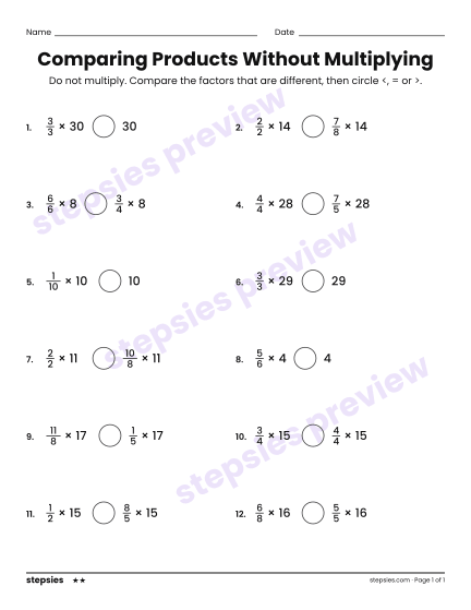 Comparing Products Without Multiplying, a free printable worksheet from Stepsies (Grade 5 Math · Level 2)