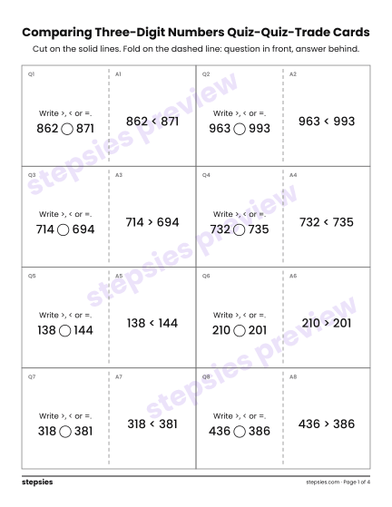 Comparing Three-Digit Numbers: Quiz-Quiz-Trade Cards, a free printable worksheet from Stepsies (Grade 2 Math)