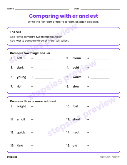 Comparing with er and est, a free printable worksheet from Stepsies (Grades 2–3 Language)