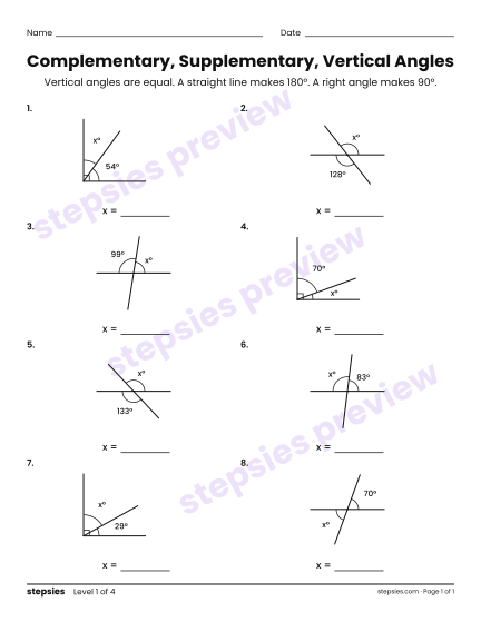 Complementary, Supplementary, Vertical Angles, a free printable worksheet from Stepsies (Grade 7 Math · Level 1)