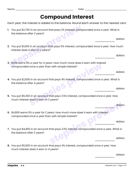 Compound Interest, a free printable worksheet from Stepsies (Grades 7–8 Math · Level 2)
