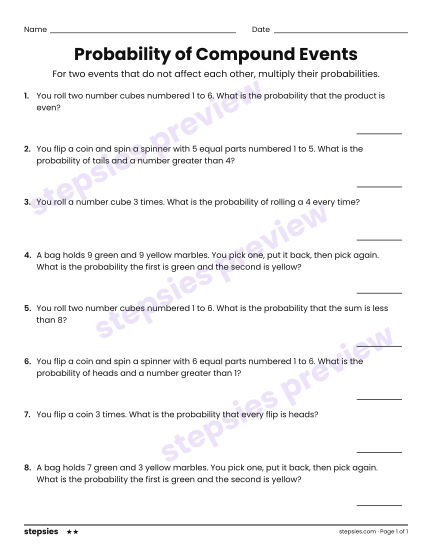 Probability of Compound Events, a free printable worksheet from Stepsies (Grade 7 Math · Level 2)