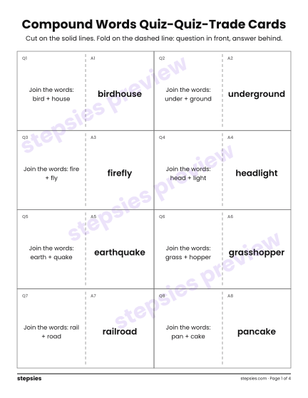 Compound Words: Quiz-Quiz-Trade Cards, a free printable worksheet from Stepsies (Grade 2 Language)