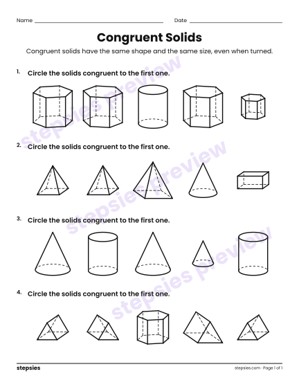 Congruent Solids, a free printable worksheet from Stepsies (Grade 3 Math)