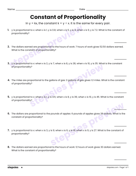 Constant of Proportionality, a free printable worksheet from Stepsies (Grade 7 Math · Level 1)