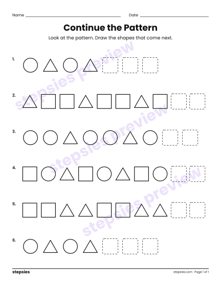 Continue the Pattern, a free printable worksheet from Stepsies (Grades K–1 Math)