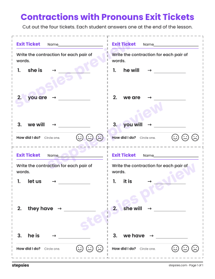 Contractions with Pronouns Exit Tickets, a free printable worksheet from Stepsies (Grades 2–3 Language)