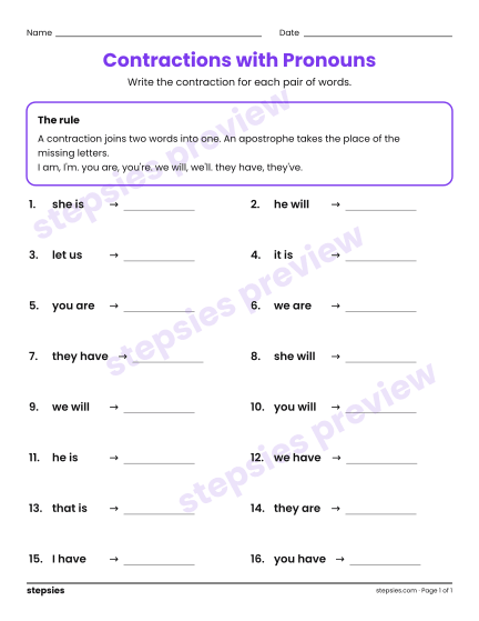 Contractions with Pronouns, a free printable worksheet from Stepsies (Grades 2–3 Language)