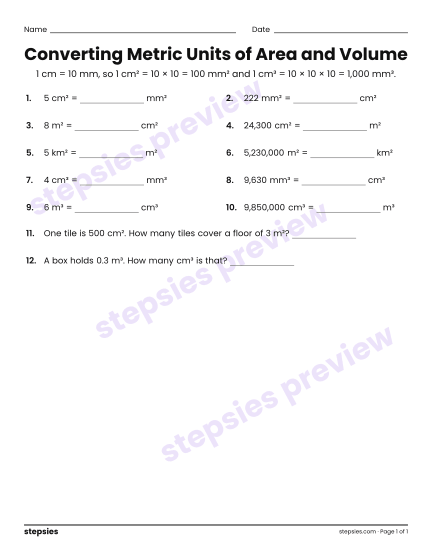 Converting Metric Units of Area and Volume, a free printable worksheet from Stepsies (Grades 7–8 Math)