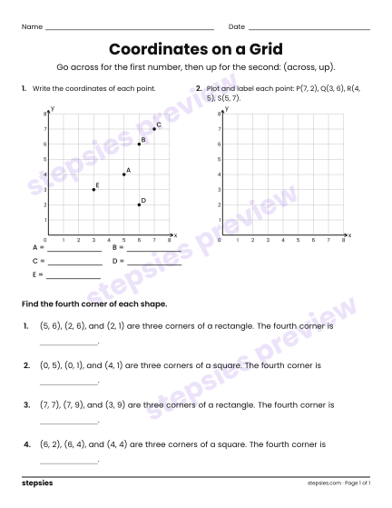 Coordinates on a Grid, a free printable worksheet from Stepsies (Grades 3–4 Math)