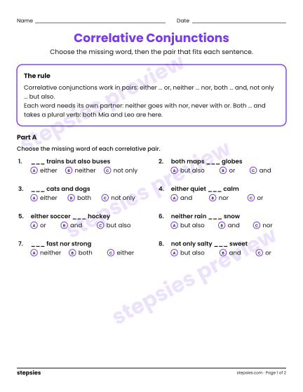 Correlative Conjunctions, a free printable worksheet from Stepsies (Grade 5 Language)