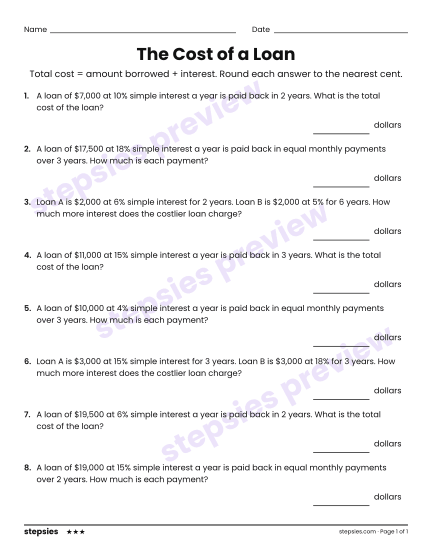 The Cost of a Loan, a free printable worksheet from Stepsies (Grade 8 Math · Level 3)