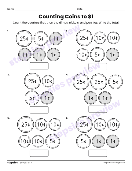 Counting Coins to $1, a free printable worksheet from Stepsies (Grade 2 Math · Level 3)