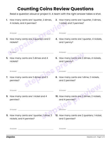 Counting Coins: Trashketball Review Questions, a free printable worksheet from Stepsies (Grade 2 Math)