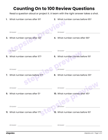 Counting On to 100: Trashketball Review Questions, a free printable worksheet from Stepsies (Kindergarten Math)