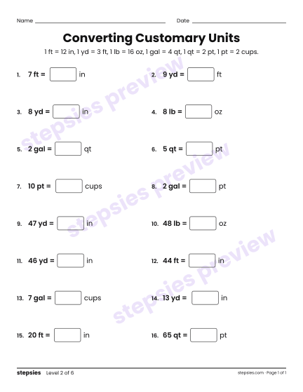 Converting Customary Units, a free printable worksheet from Stepsies (Grades 4–5 Math · Level 2)