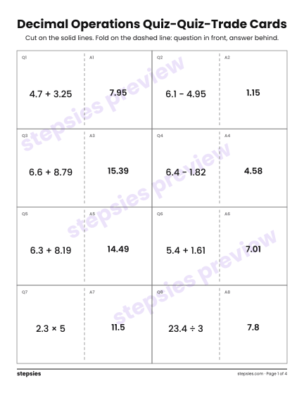 Decimal Operations: Quiz-Quiz-Trade Cards, a free printable worksheet from Stepsies (Grade 5 Math)