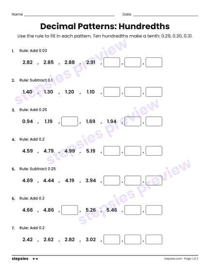 Decimal Patterns: Hundredths, a free printable worksheet from Stepsies (Grade 5 Math · Level 2)