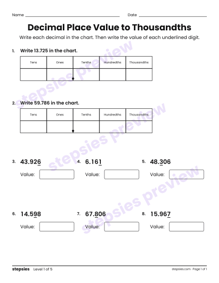 Decimal Place Value to Thousandths, a free printable worksheet from Stepsies (Grade 5 Math · Level 1)