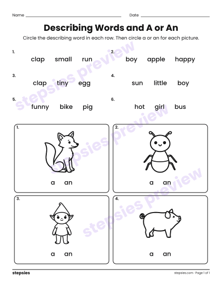 Describing Words and A or An, a free printable worksheet from Stepsies (Kindergarten Language · Level 1)