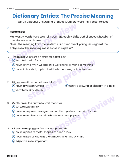 Dictionary Entries: The Precise Meaning, a free printable worksheet from Stepsies (Grades 6–8 Language · Level 11)