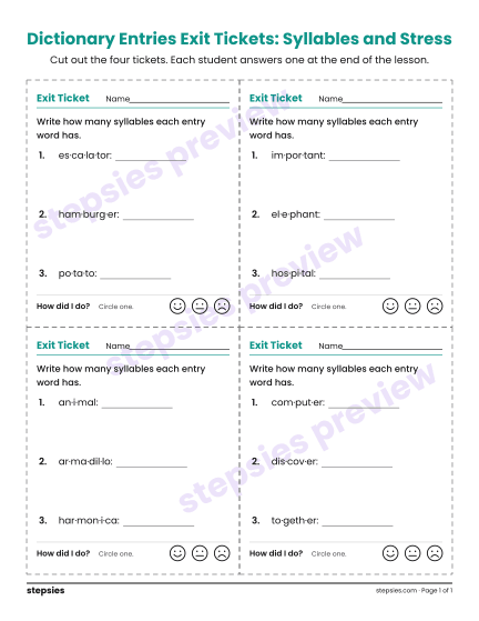 Dictionary Entries Exit Tickets: Syllables and Stress, a free printable worksheet from Stepsies (Grades 4–5 Language · Level 6)