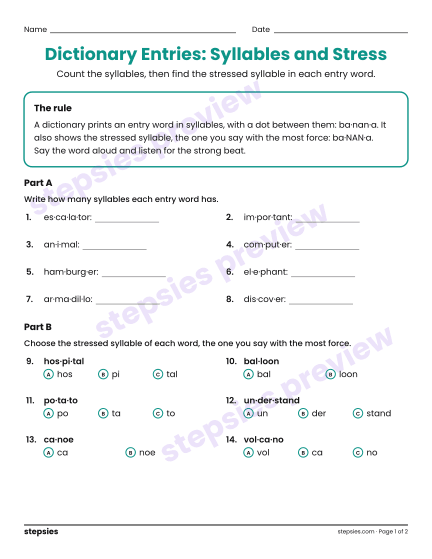 Dictionary Entries: Syllables and Stress, a free printable worksheet from Stepsies (Grades 4–5 Language · Level 6)