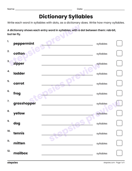 Dictionary Syllables, a free printable worksheet from Stepsies (Grade 3 Language · Level 4)