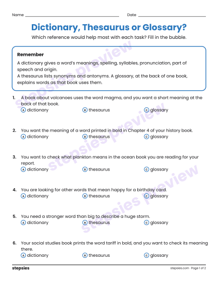 Dictionary, Thesaurus or Glossary?, a free printable worksheet from Stepsies (Grades 6–8 Language · Level 12)