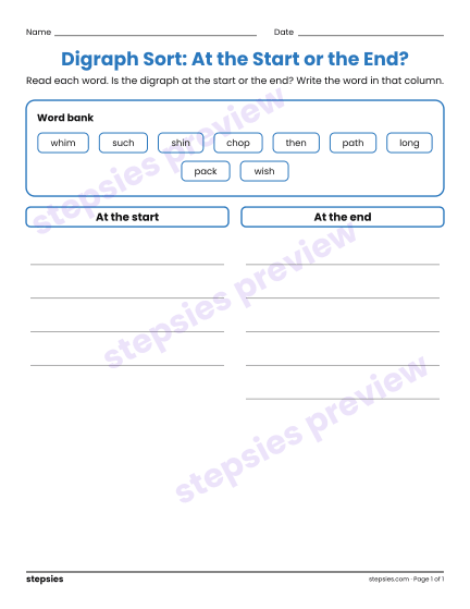 Digraph Sort: At the Start or the End?, a free printable worksheet from Stepsies (Grades K–1 Language · Level 3)